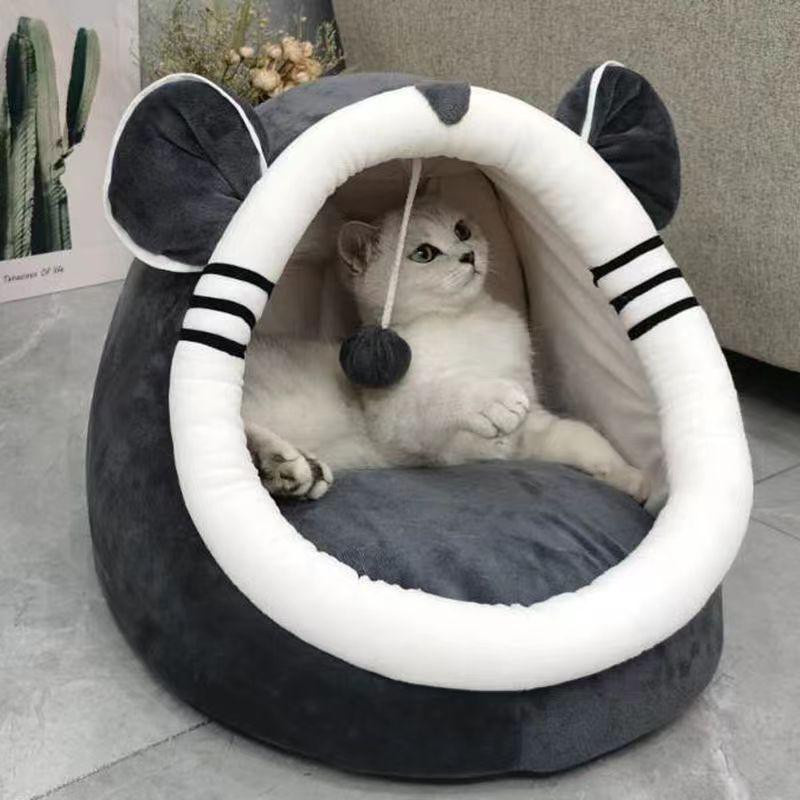 Halbgeschlossenes Katzennest Eichhörnchen-Design in Grau aus Stoff für Herbst und Winter - Bild 2