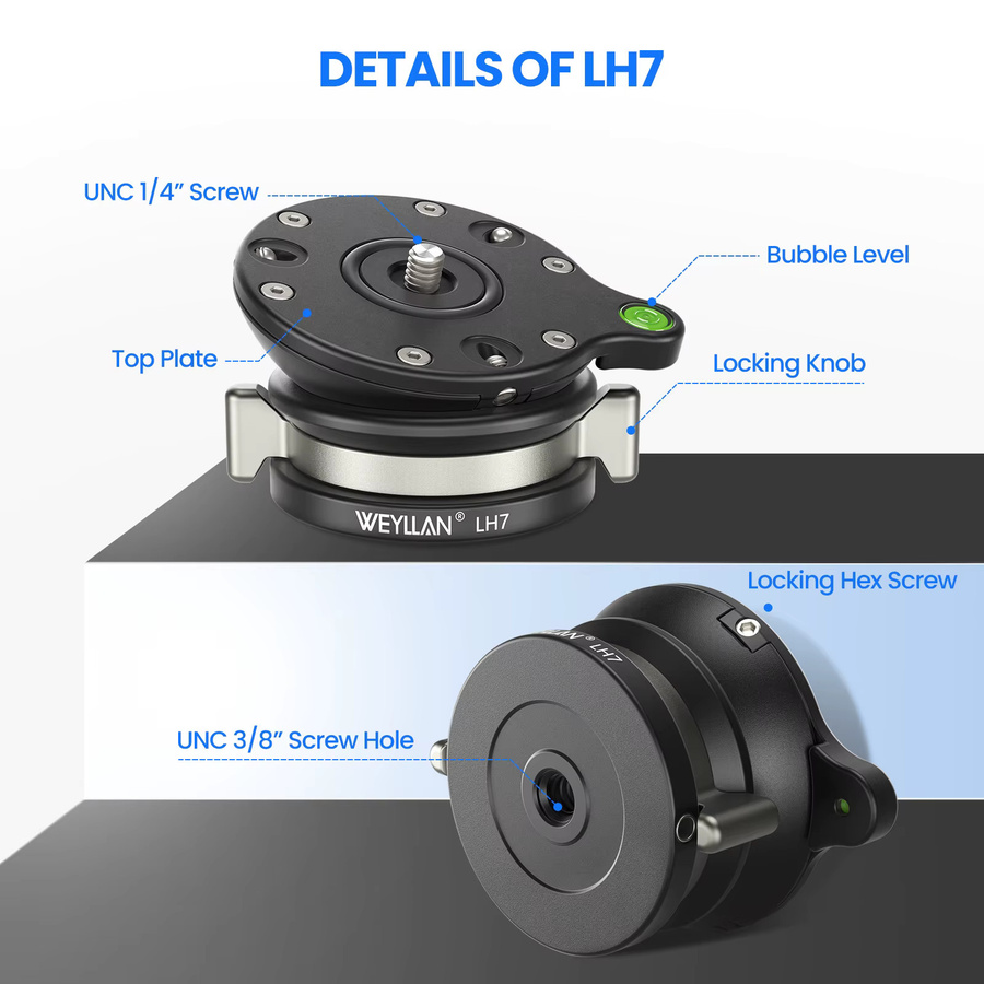 WEYLLAN LH7 Stativ-Nivellierplatte aus Metall in Schwarz mit 1/4 bis 3/8 Zoll Schraube und 20 kg Traglast für deine Kamera - Bild 3
