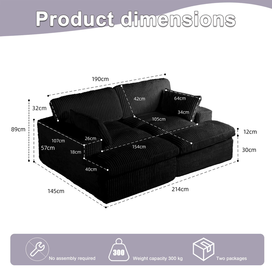 Vankel 2-in-1 Schlafsofa Click-Clack in Schwarz mit Cord-Bezug und gepolstertem Rahmen - Bild 6