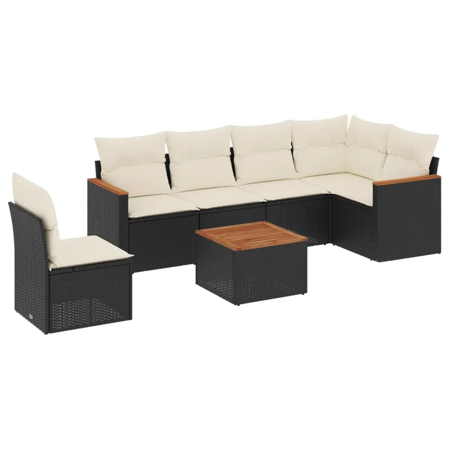 vidaXL 7-teilige Garten-Sofagarnitur aus Poly-Rattan und Akazienholz in Schwarz mit Kissen - Bild 2