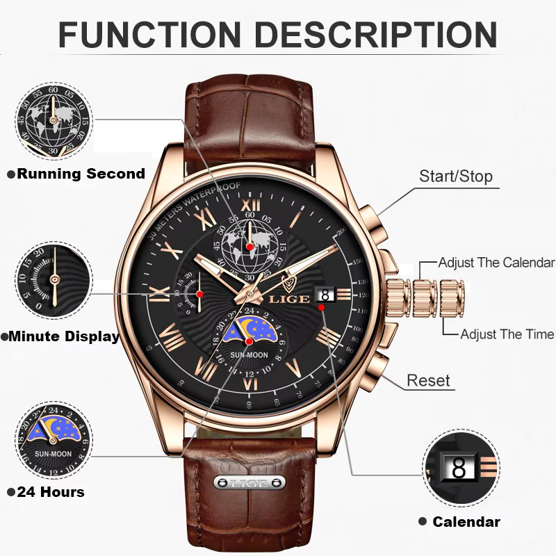 LIGE Chronograph Herrenuhr, Quarz, Leder, Wasserdicht - Bild 3