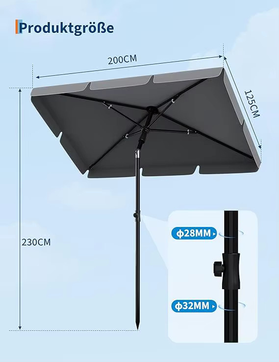 HiMISS Sonnenschirm für Balkon und Garten, rechteckig, grau, B/T/H: 200 x 125 cm - Bild 5