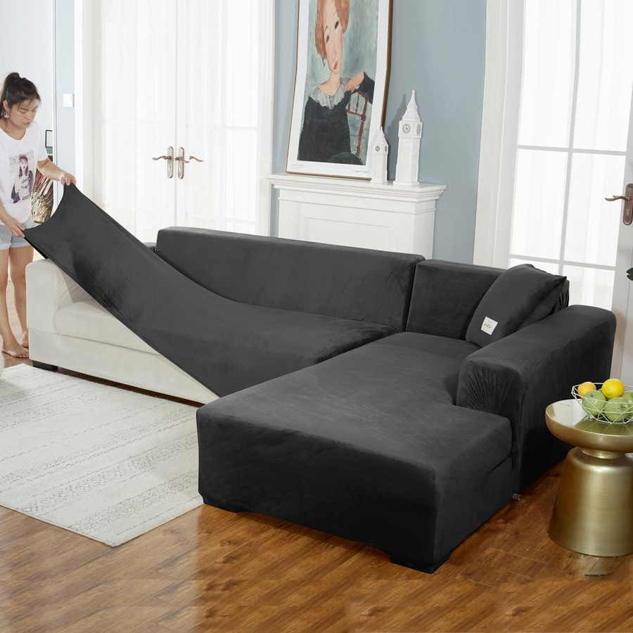 BRHUIXUE Samt-Sofabezug für 1-Sitzer und Chaiselongue, elastischer Sesselbezug aus Polyester, Farbe: Lichtgrau, Breite: 90-140 cm - Bild 1