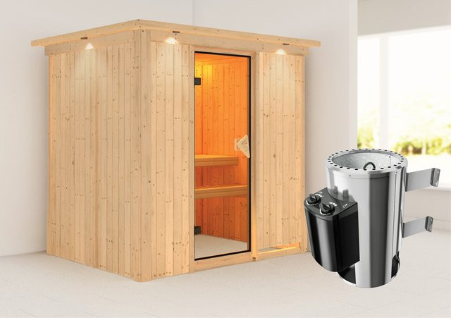 Karibu Sauna Finja mit 3,6 kW Ofen, integrierter Steuerung, LED-Dachkranz und Ganzglastür in Bronze, B/T/H: 196 x 151 x 202 cm - Bild 1