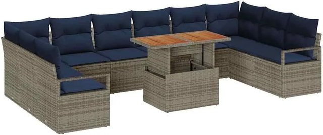 vidaXL Garten Essgruppe aus Poly-Rattan und Akazienholz mit 11 Teilen in Grau und Marineblau - Bild 1