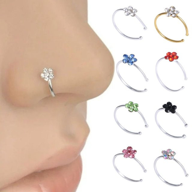 HONGTU Nasenring Piercing Creolen, Blume, Kristall, Silber, Unisex - Bild 1