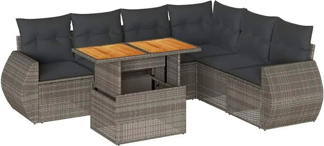 vidaXL 7-tlg. Garten-Sofagarnitur in L-Form aus Poly-Rattan und Akazienholz in Grau mit Kissen - Bild 1