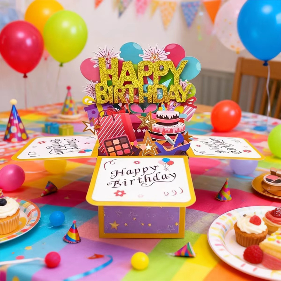 Handgefertigte 3D Pop-Up Geburtstagskarte Happy Birthday in Lila und Mehrfarbig - Bild 2