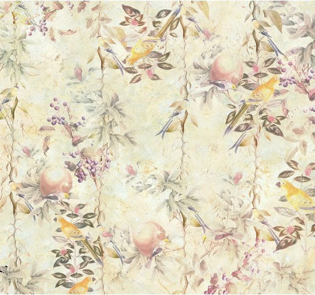 Sanders & Sanders Fototapete Blumen und Vögel in Gelb und Beige, Vlies, B: 300 cm, H: 280 cm - Bild 1