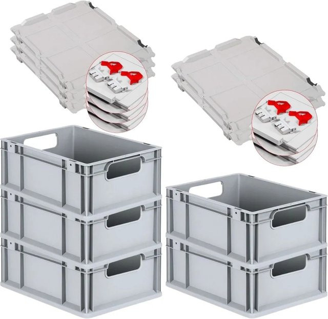 PROREGAL Spar Set 5x Eurobox Nextgen Economy mit Scharnierdeckel und roten Schiebeschnappverschlüssen, Grau/Rot, H x B x T: 17 x 30 x 40 cm, 16 Liter - Bild 1
