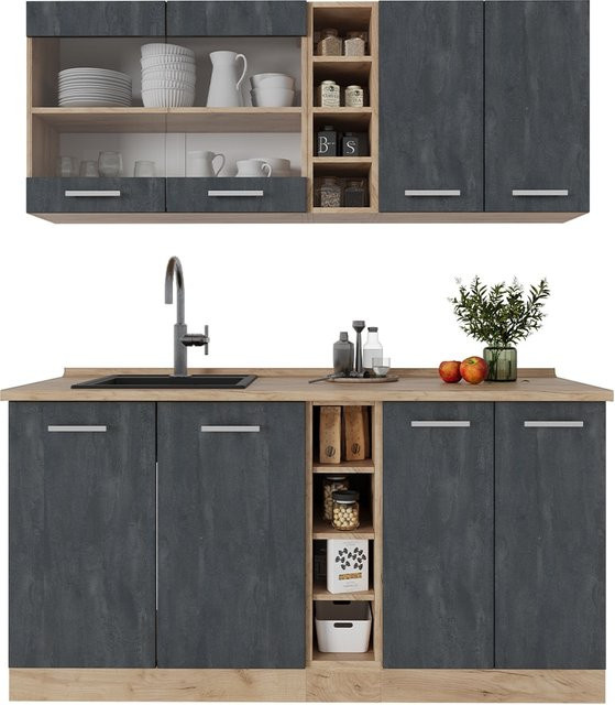 Vicco Singleküche R-Line Schwarz Beton Eiche mit Arbeitsplatte B: 160 cm, H: 81,6 cm, T: 46 cm - Bild 1