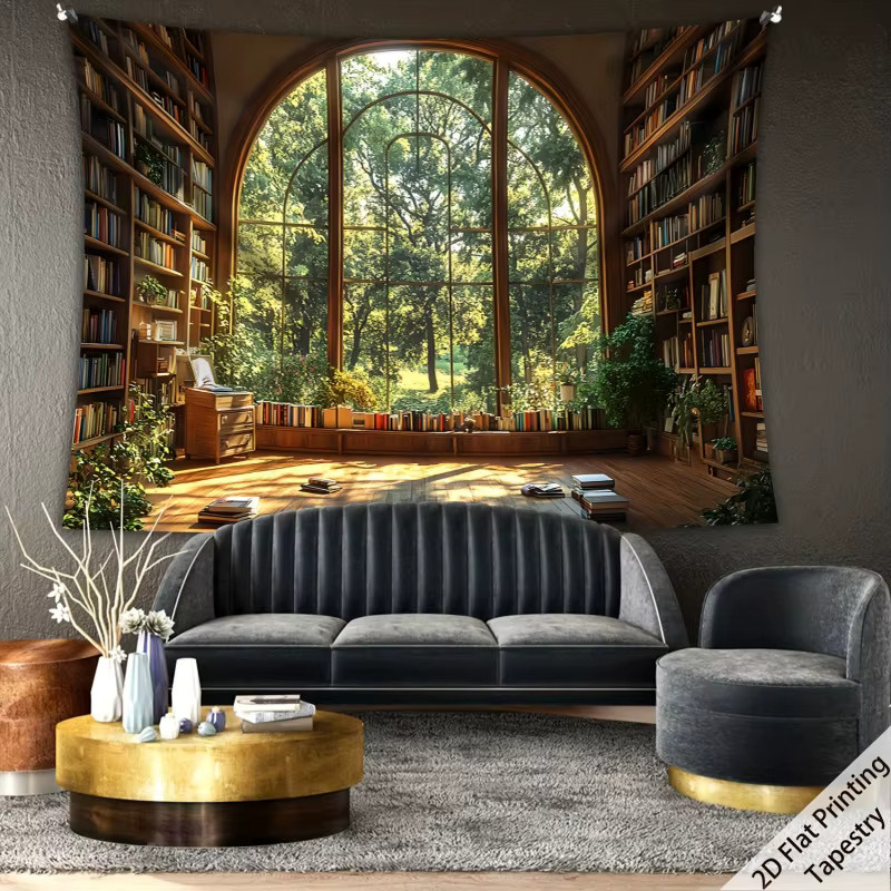 VIKAMA Retro-Wandteppich mit Fensterblick auf eine Bibliothek aus der Waldkollektion, Mehrfarbig, Textil - Bild 2