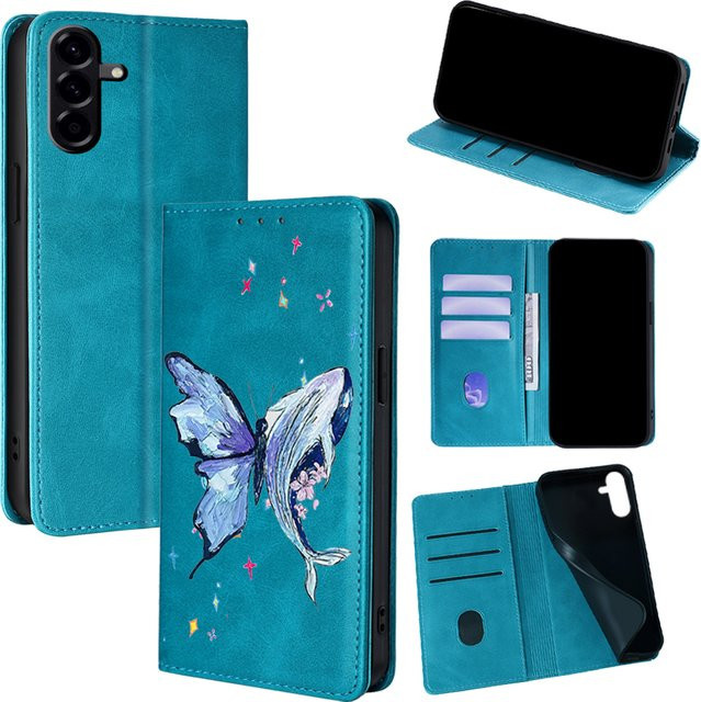 Leder-Handyhülle mit Schmetterlingsmuster für Samsung Galaxy S25 Ultra S25 FE S24 S23 S22 Plus A17 A07 A56 A36 A26 Flip in Braun oder Türkis - Bild 1