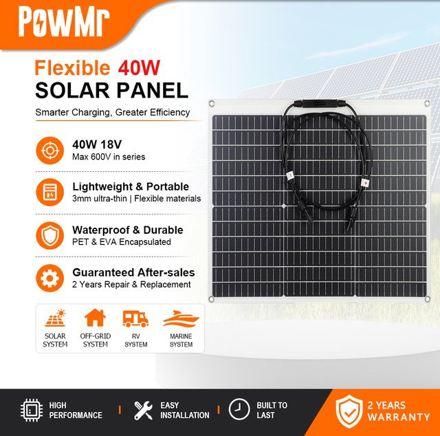 PowMr 40W flexibles monokristallines Solarpanel, 18V, hocheffizientes PV-Modul in Schwarz, ultradünn und wasserdicht, ideal als Solarladegerät für Wohnmobile, Autos, Camping und Outdoor-Stromversorgung - Bild 1