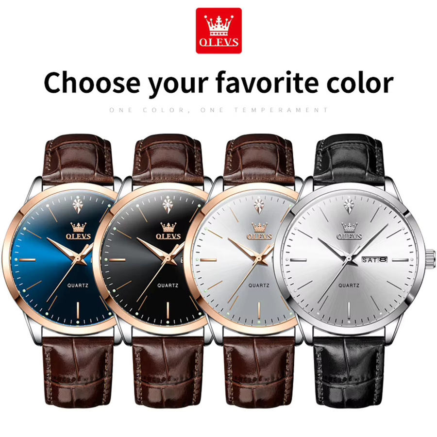 OLEVS Armbanduhr, Quarz, Edelstahl, Leder, Blau, Herren - Bild 6
