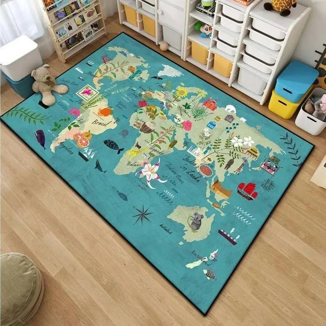 Karpetti Kinder Weltkarte Teppich mit Cartoon-Motiv in Blau, waschbarer und rutschfester Bereichsteppich für Kinderzimmer, Wohnzimmer oder Schlafzimmer, B: 80 cm, T: 120 cm - Bild 1