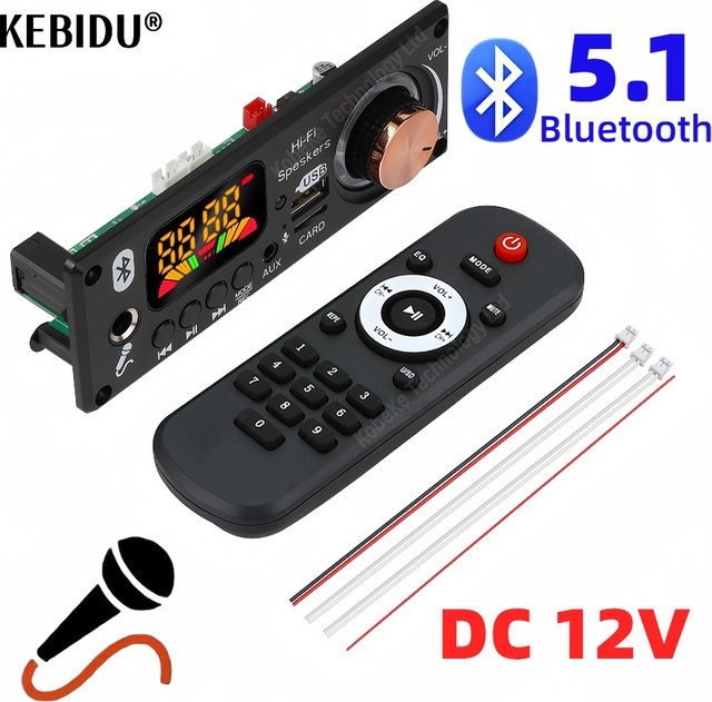 Kebidu Bluetooth 5.1 MP3 Decoder Board mit Freisprecheinrichtung, USB, TF, FM und 6,5mm Mikrofon Anschluss, Schwarz - Bild 1