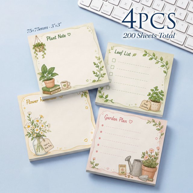 4 Stück Pflanzenmotiv Haftnotizen mit 200 Blatt, Selbstklebende Notizblöcke für Gartenplan und Erinnerungen, B/B/H: 7,5 x 7,5 x 7,5 cm - Bild 1