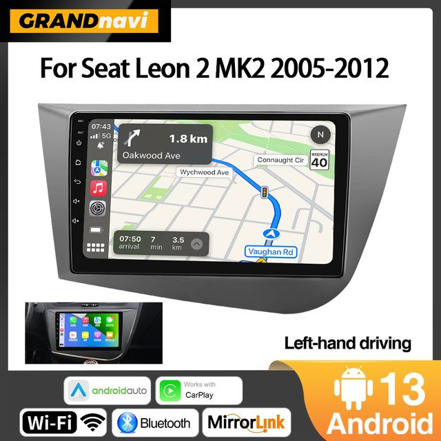 Grandnavi 9 Zoll Android 13 Autoradio mit Wireless CarPlay und GPS für Seat Leon 2 MK2 2005-2012, 2DIN Multimedia Stereo in Schwarz - Bild 1
