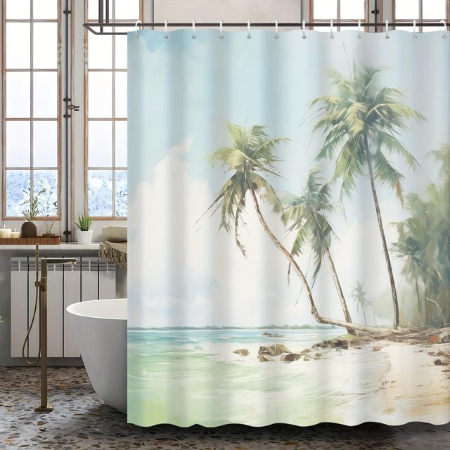 Karpetti Duschvorhang Sommerinsel mit Palmen- und Stranddesign, Polyester, Mehrfarbig, B: 160 cm, H: 180 cm - Bild 1
