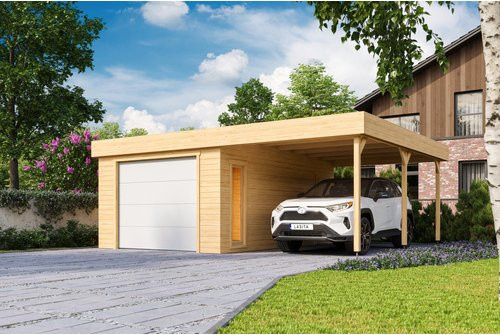 LASITA MAJA Blockgarage Bahamas aus Holz in Braun-beige Natur mit Sektionaltor und Stufendach, B/T: 820 x 560 cm - Bild 1