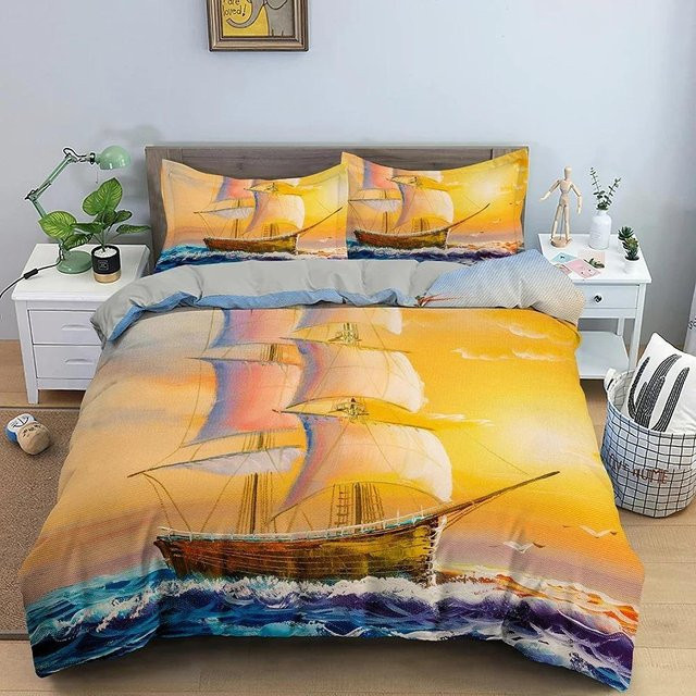 Bettwäscheset mit Segelboot-Muster von Binchi Outdoor Product, 2-teiliges Set aus Mikrofaser mit maritimem Design in Multicolour, Breite: 70 cm, Länge: 133 cm - Bild 1