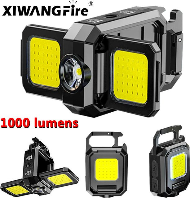 XIWANGFIRE Mini-LED-Taschenlampe als Schlüsselanhänger mit doppeltem COB-Licht, wiederaufladbarer USB-Arbeitsscheinwerfer mit Magnet und 800 mAh, Farbe: Schwarz/Gelb - Bild 1