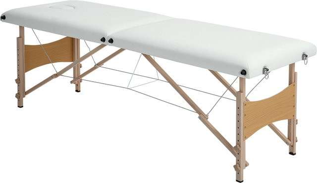 HOMCOM Mobile Massageliege mit 2 Zonen, klappbar und höhenverstellbar, Massagetisch mit Holzfüßen aus Buchenholz und Tragetasche, Cremeweiß, Breite: 60 cm - Bild 1