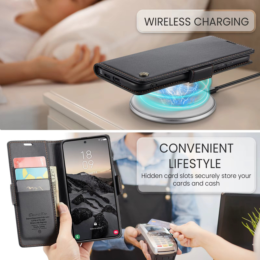Leder Flip Case mit Wireless Charging und Kickstand für Samsung Galaxy S26 Ultra S25 Edge S24 FE S23 Ultra S22 S22U in Schwarz - Bild 2