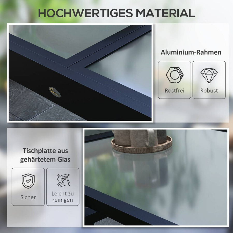 Outsunny Gartentisch aus Metall und Glas in Schwarz, ausziehbar, modern, B/T/H: 160 x 80 x 75 cm - Bild 3