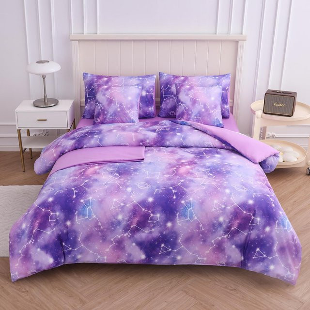 Galaxy Bettwäsche-Set mit 3D Weltraum-Design für Kinder und Teenager, Ganzjahres-Steppdecke und Kissenbezug, Farbe: Lila, B/H: 180 x 210 cm - Bild 1