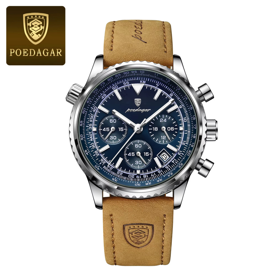 POEDAGAR Chronograph, Quarz, Leder, Blau, Herren - Bild 7