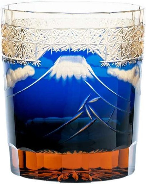 Edo Kiriko Whiskeyglas mit Handgravur Berg Fuji in Bernstein, Kristall-Tumbler für Whisky und Sake, 250ml - Bild 1