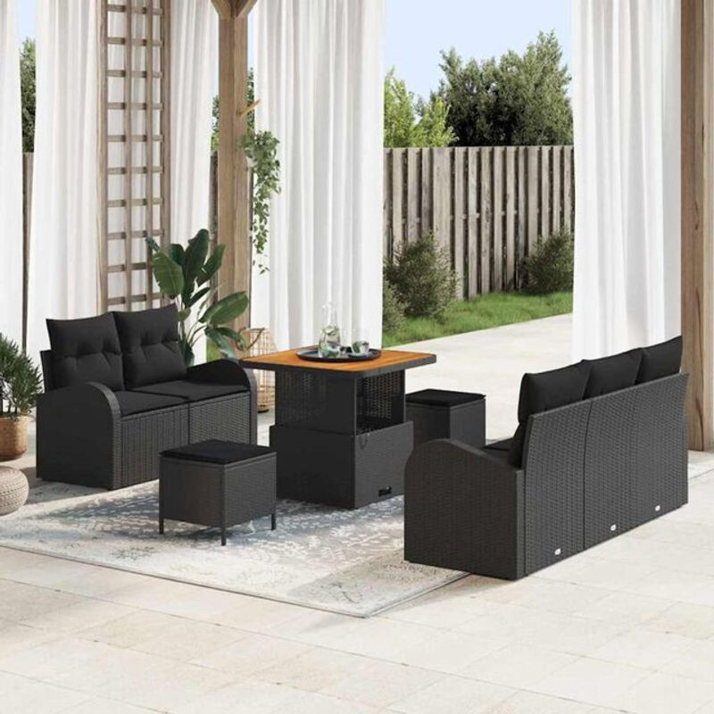 Vidaxl Garten-Sofa-Set aus Polyrattan und Akazie mit Kissen, Schwarz, B/T/H: 80 x 80 x 71 cm - Bild 1
