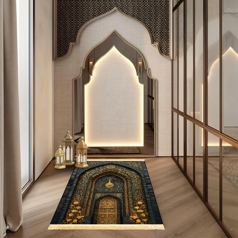 VIKAMA Premium Gebetsteppich mit blauem und goldenem Moschee-Design, rutschfester orientalischer Quastenteppich - Bild 6