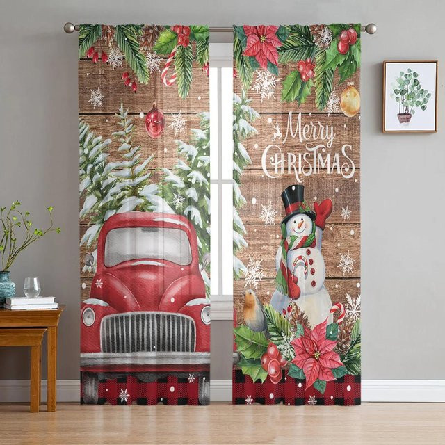 Yiran Furniture Weihnachtsvorhänge mit Weihnachtsbaum, Weihnachtsmann und Schneeflocken, transparenter Chiffon-Tüllvorhang mit Ösen, B: 135 cm, H: 115 cm - Bild 1