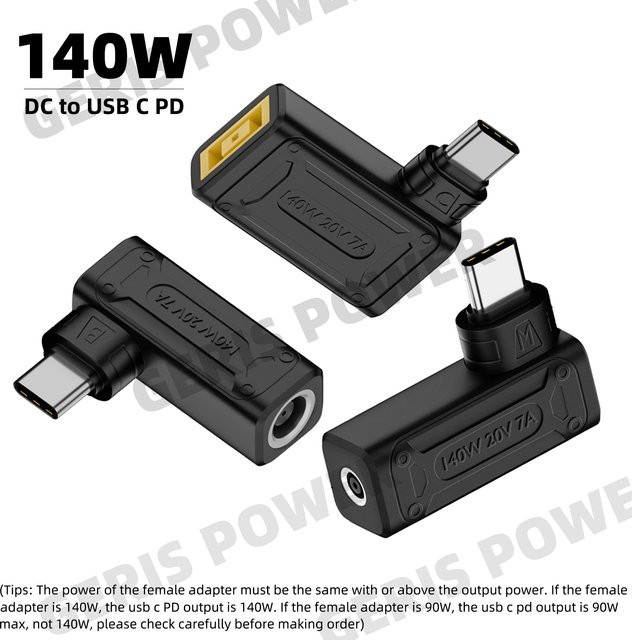 Geris Power PD 140 W DC zu USB-C Konverter in Schwarz mit verschiedenen Barrel-Steckertypen für Laptop und Telefon - Bild 1