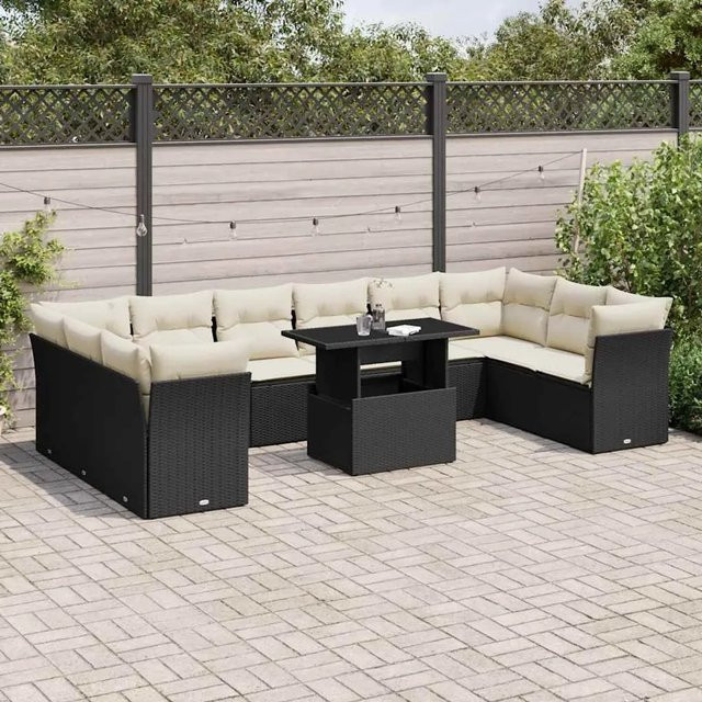 vidaXL 11-teilige Garten-Sofagarnitur aus Polyrattan in Schwarz mit Kissen und Tisch in U-Form - Bild 1