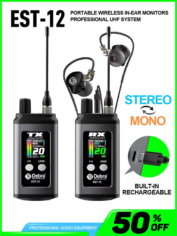 Debra EST-12 Stereo UHF Wireless In-Ear-Überwachungssystem, tragbares wiederaufladbares System in Schwarz für Bühnenauftritte und Kirchen - Bild 5