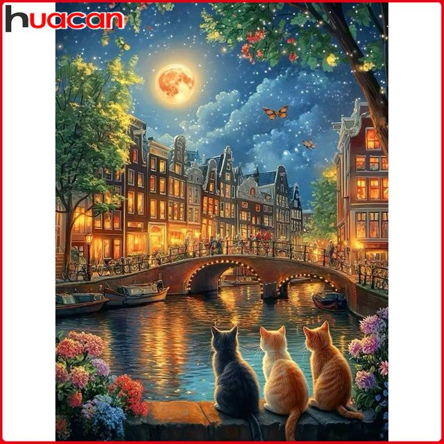Huacan 5D-Diamantgemälde Set mit Katze, Fluss und Mond als Landschafts-Mosaik zur Wanddekoration in Multicolour, Breite: 30,0 cm, Höhe: 30,0 cm, Tiefe: 20,0 cm - Bild 1