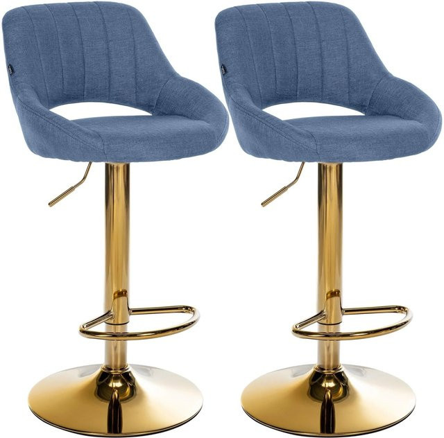 CLP 2er Set Barhocker Milet höhenverstellbar mit Lehne, gepolsterte Barstühle aus Stoff und Metall, Blau/Gold - Bild 1