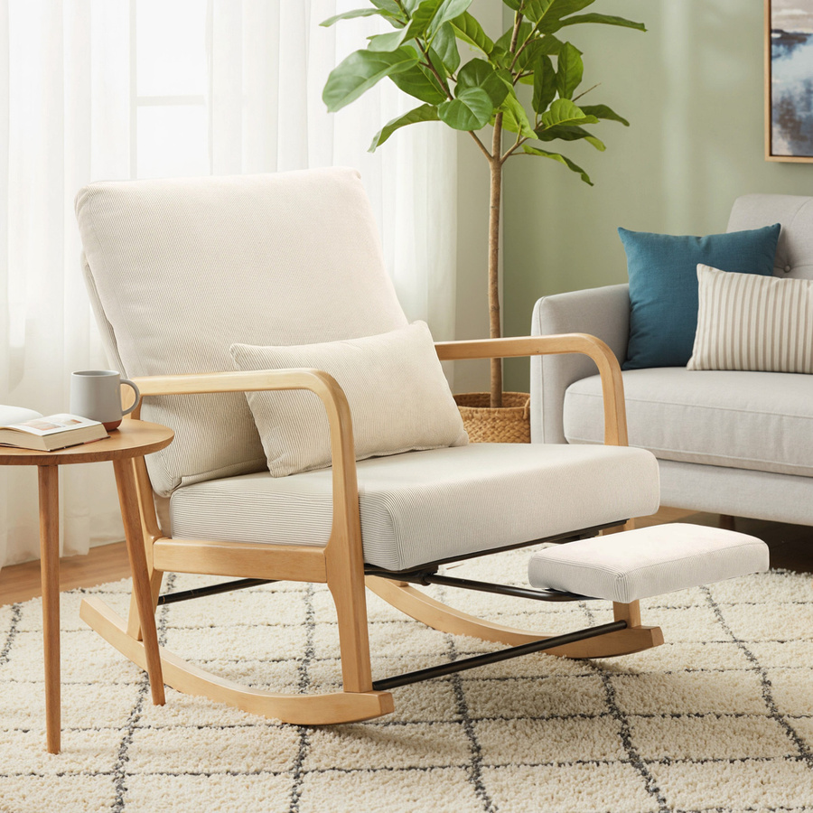 HOMCOM Schaukelstuhl mit Fußstütze in Creme, skandinavischer Relaxsessel mit Cord-Optik und Holzfüßen für Wohnzimmer und Schlafzimmer - Bild 2