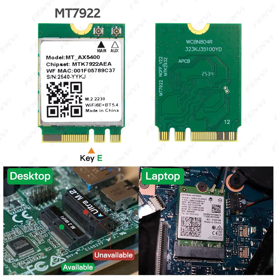 FENVI WiFi 6E MT7922 M.2 Netzwerkkarte mit Bluetooth 5.4, Tri-Band 2,4 GHz/5 GHz/6 GHz, 5374 Mbit/s, 802.11AX Wireless-Adapter für PC und Laptop, kompatibel mit Windows 10/11 - Bild 6