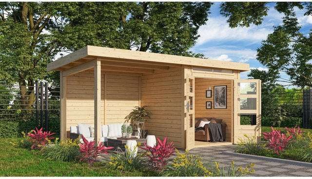 Karibu Holz-Gartenhaus Kumla mit Pultdach in Natur, Unbehandelt, B/T: 200 x 200 cm, Höhe: 222 cm - Bild 1