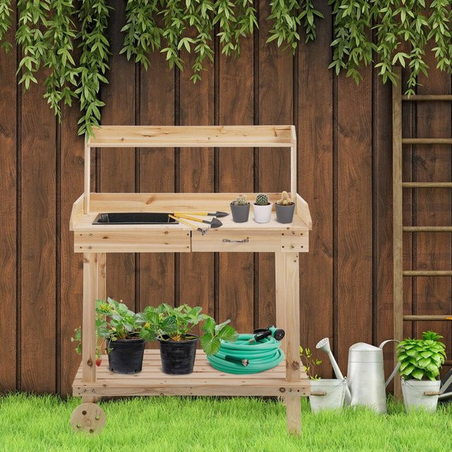 Outsunny Pflanztisch aus Holz mit Rollen in Braun, B/H/L: 45 x 119 x 92 cm - Bild 1