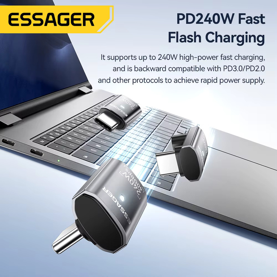 Essager USB4.0 Typ-C OTG-Adapter in Grau mit 40Gbps Datenübertragung, 240W Schnellladung und 8K@60Hz Unterstützung als 90-Grad-Winkeladapter - Bild 2