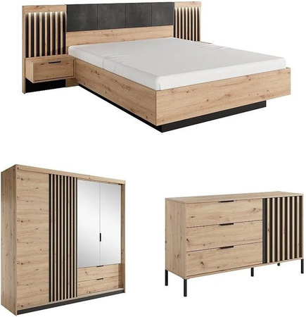 Vente-unique Schlafzimmer-Komplettset Ariada in Schwarz und Beige mit Bettgestell, Nachttisch, Kommode und Kleiderschrank im modernen Design