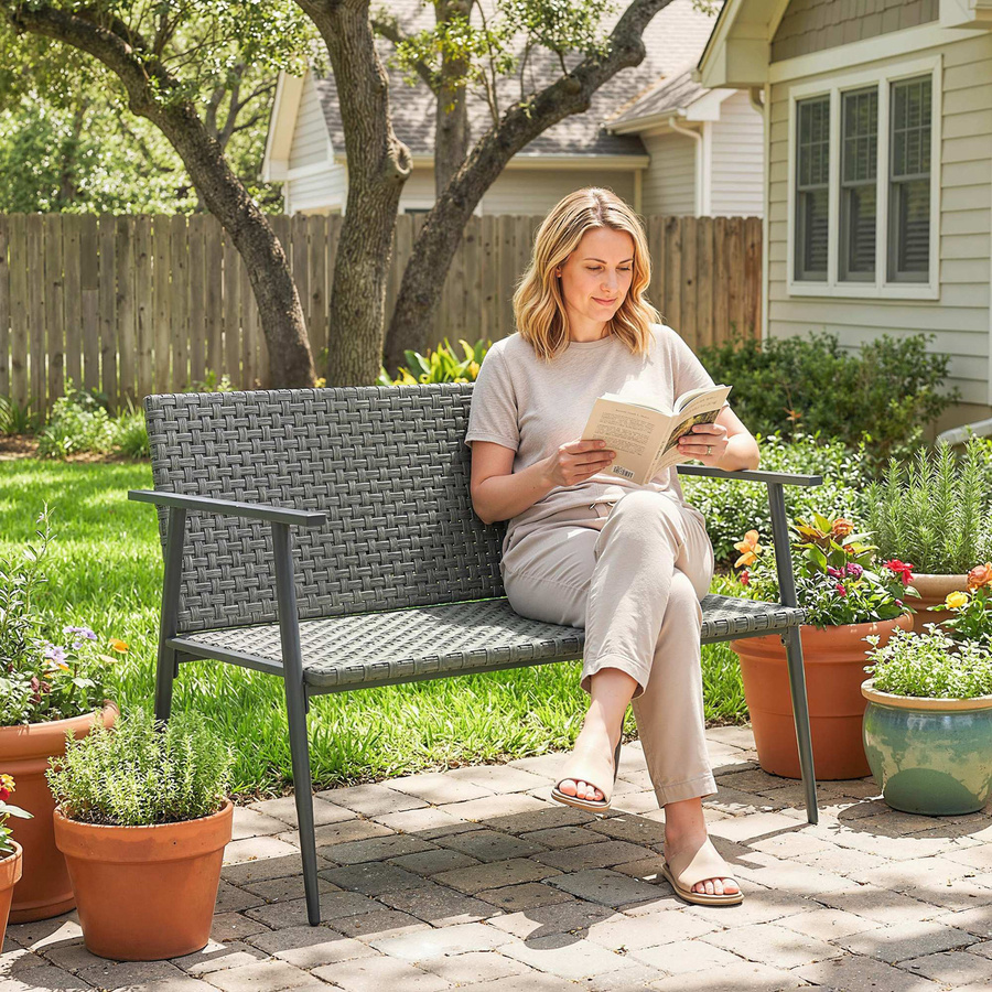 Outsunny 2-sitzige Gartenbank aus Polyrattan mit Armlehnen und verstellbaren Füßen in Grau von Aosom - Bild 2