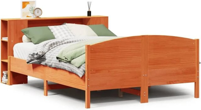 vidaXL Massivholzbett aus Kiefer mit Regal in Braun, B/T/H: 140 x 190 cm - Bild 1