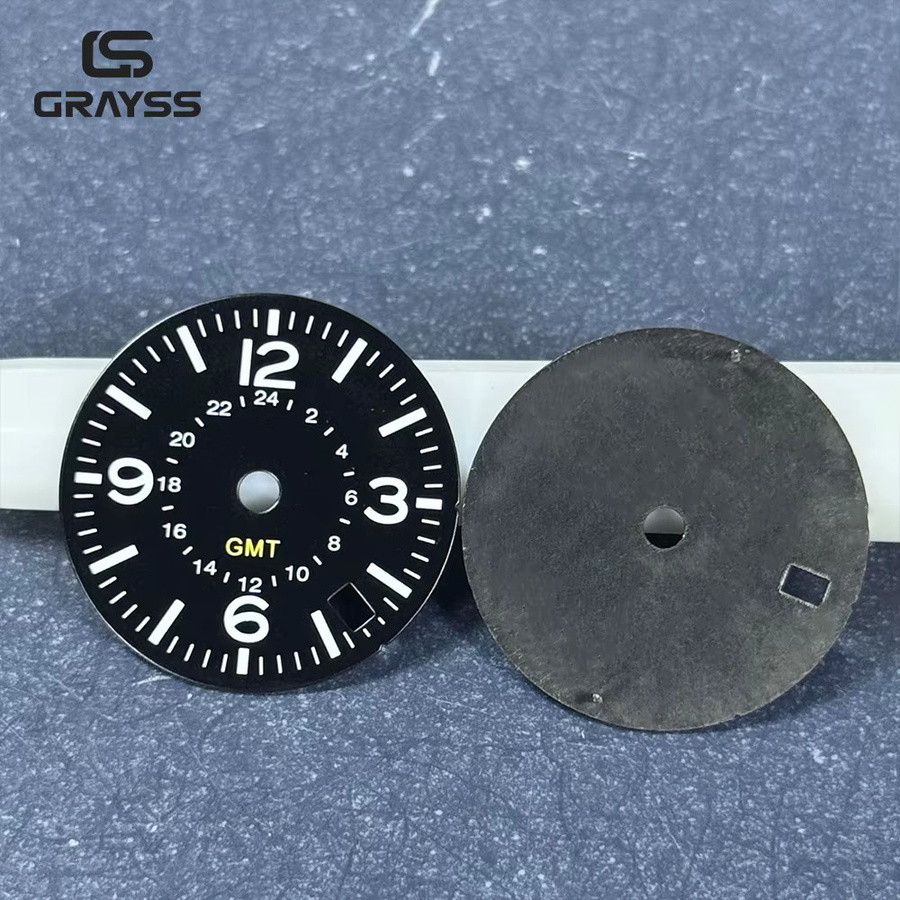 GRAYSS Uhrenzubehör Pilotenuhr-Zifferblatt, Römische Ziffern, Grüne Leuchtmasse, NH34 Uhrwerk GMT, 28,5mm/33,5mm - Bild 3
